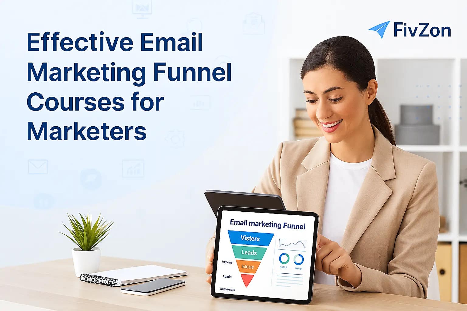 Effective Email Marketing Funnel Courses for Marketers" showing realistic professional interacting with digital learning tools, FivZon branded