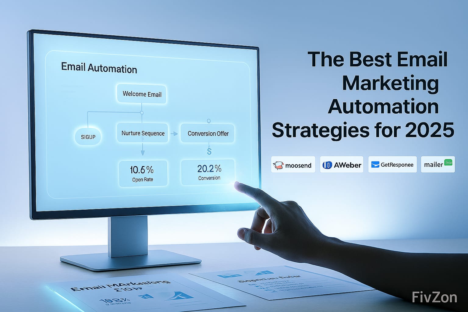 Futuristic workspace with email automation dashboards and flowcharts for FivZon Hub