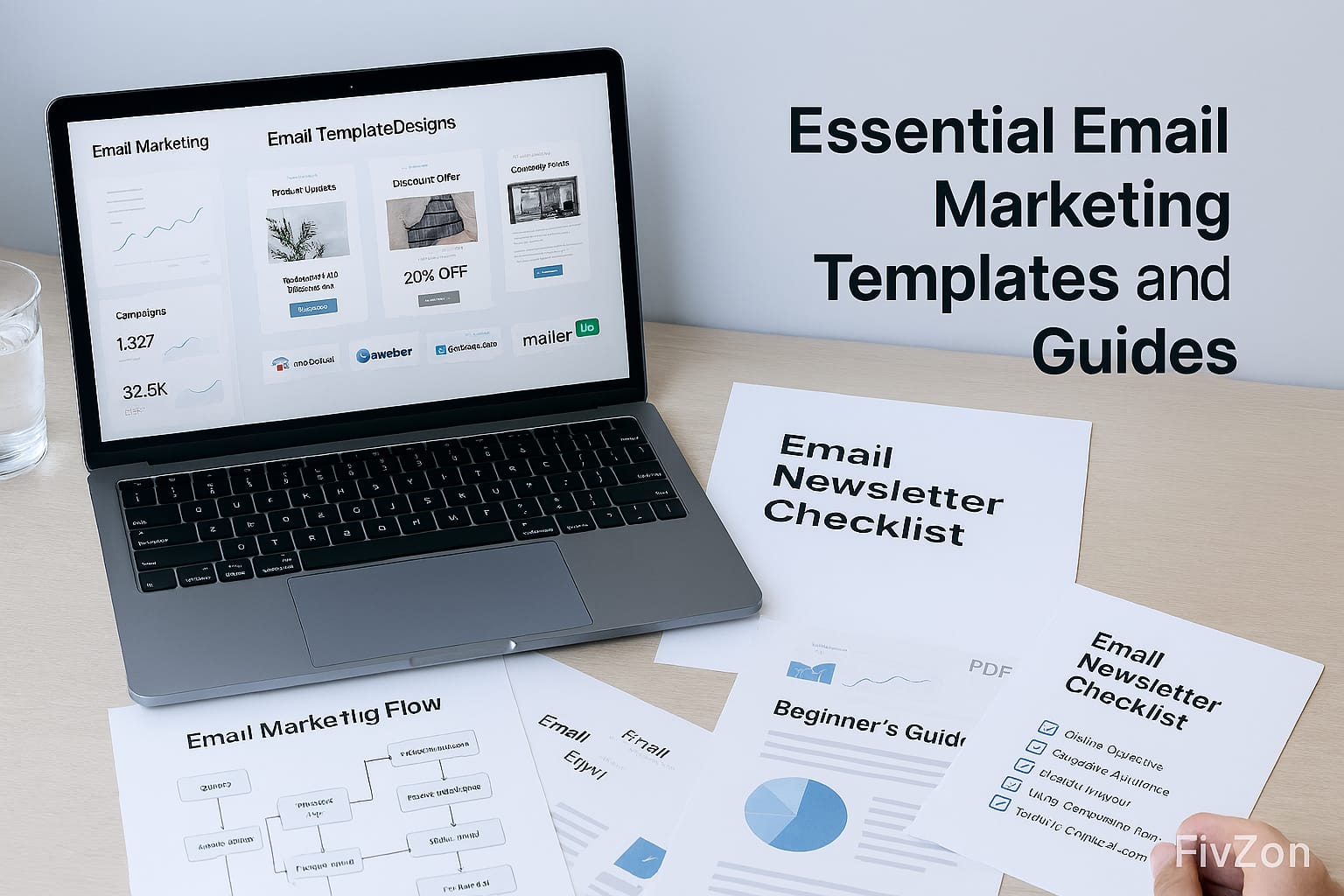 Realistic workspace with email marketing templates, guides, and digital assets for FivZon Hub