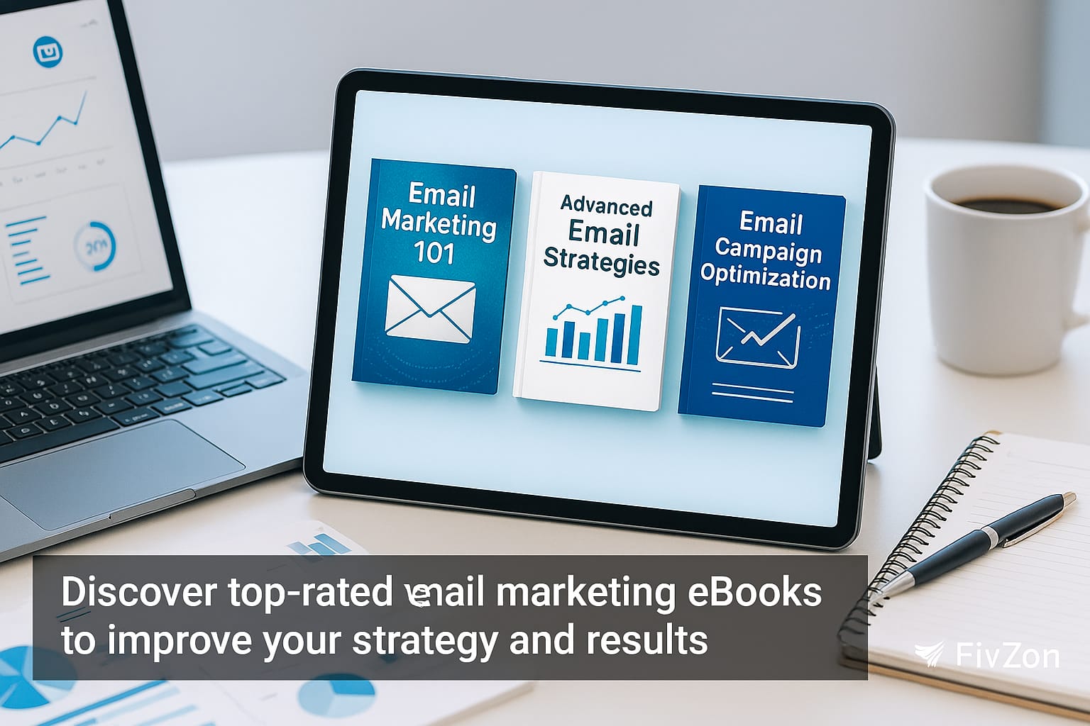 Digital workspace with email marketing eBooks and laptop on desk