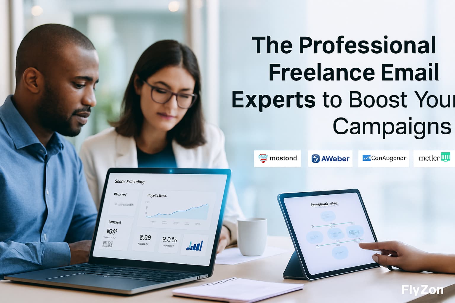Realistic coworking scene with freelance email experts professional freelancers working on email marketing campaigns for FivZon Hub