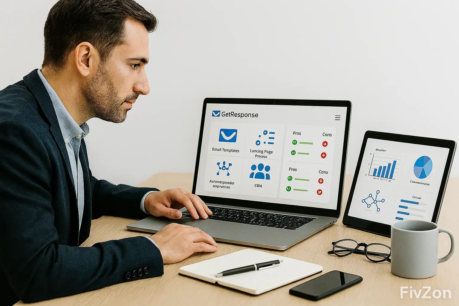 Professional GetResponse Review email marketing dashboard with charts and feature icons in a modern office setting