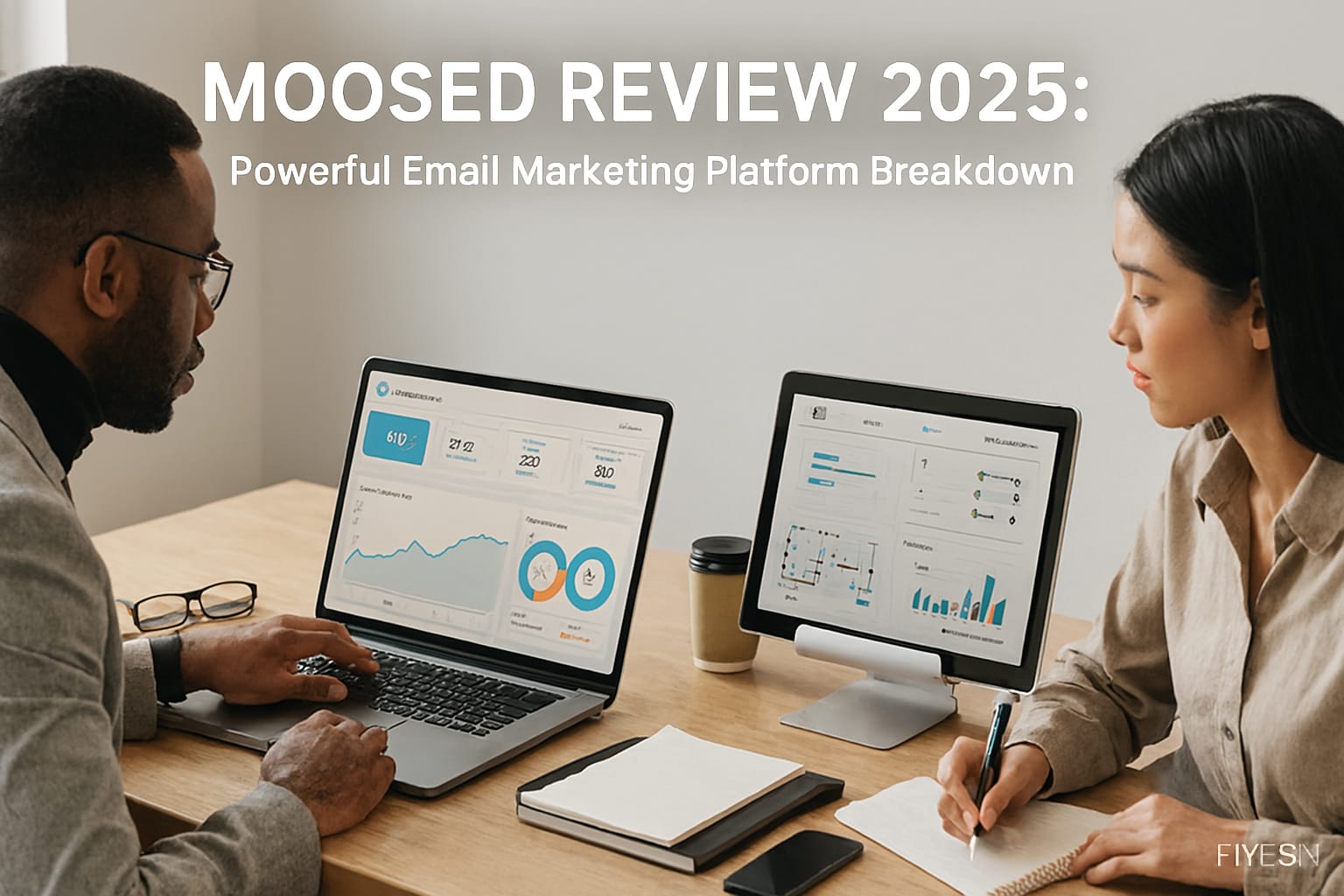 Two professionals analyzing Moosend Review email marketing analytics on laptop and tablet in a modern workspace, showcasing campaign metrics, automation, and feature breakdown.