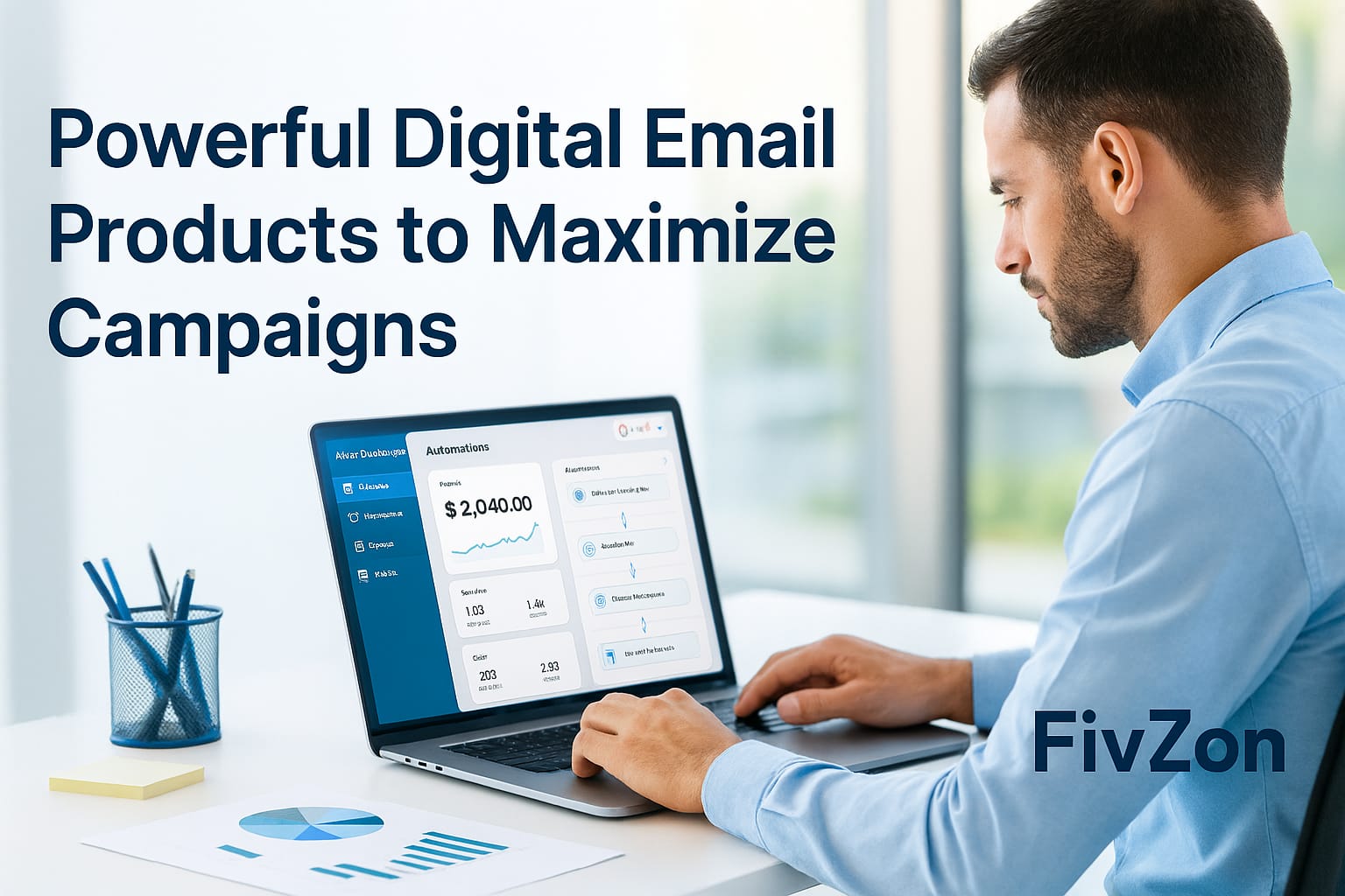 Hero image for "Powerful Digital Email Products to Maximize Campaigns" showing realistic workspace with email marketing analytics, FivZon branding