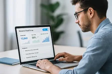 Freelancer setting up a welcome email series dashboard